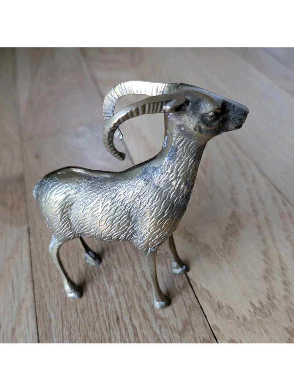 VTG Brass Big Horn Ram Sheep Figure Animal Sculpture Statue 5" X 4.5"